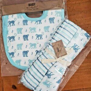 NEW World Market safari MONKEY Cotton baby blanket bib set receiving swaddle